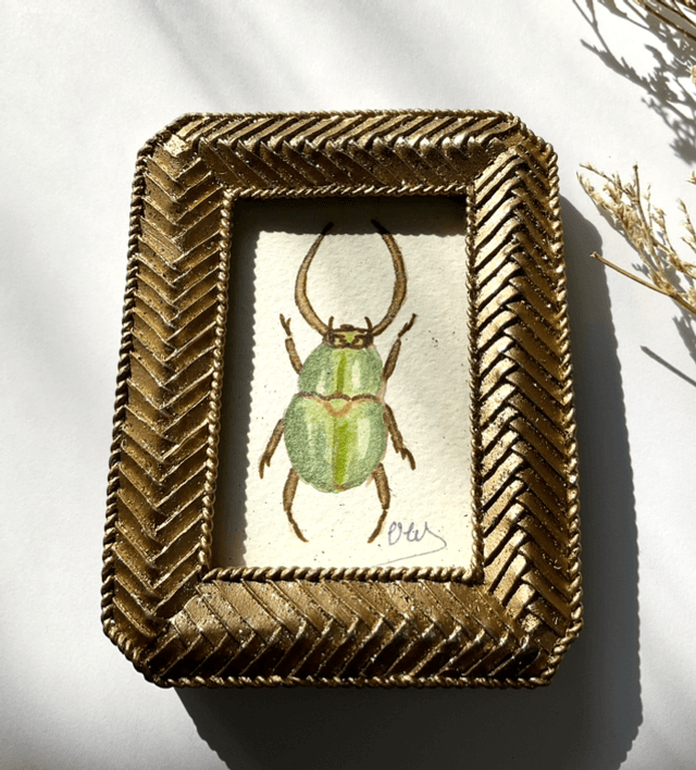 Scarabée vert irisé dans son cadre miniature doré